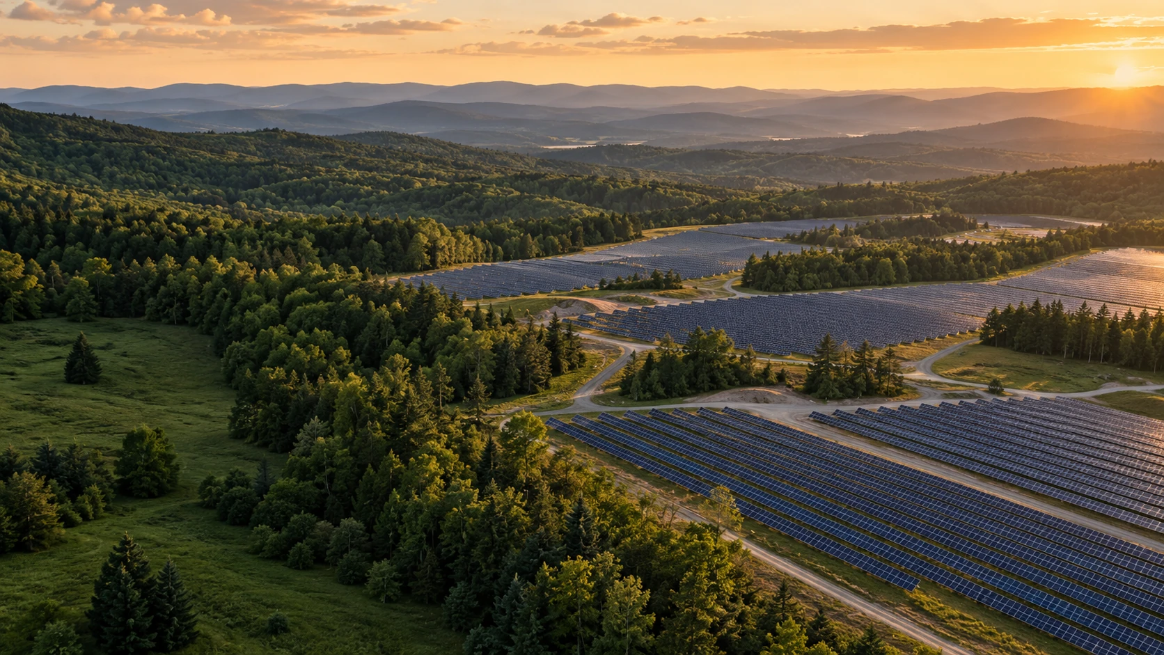 Solar arrays across forested rolling hills at golden hour