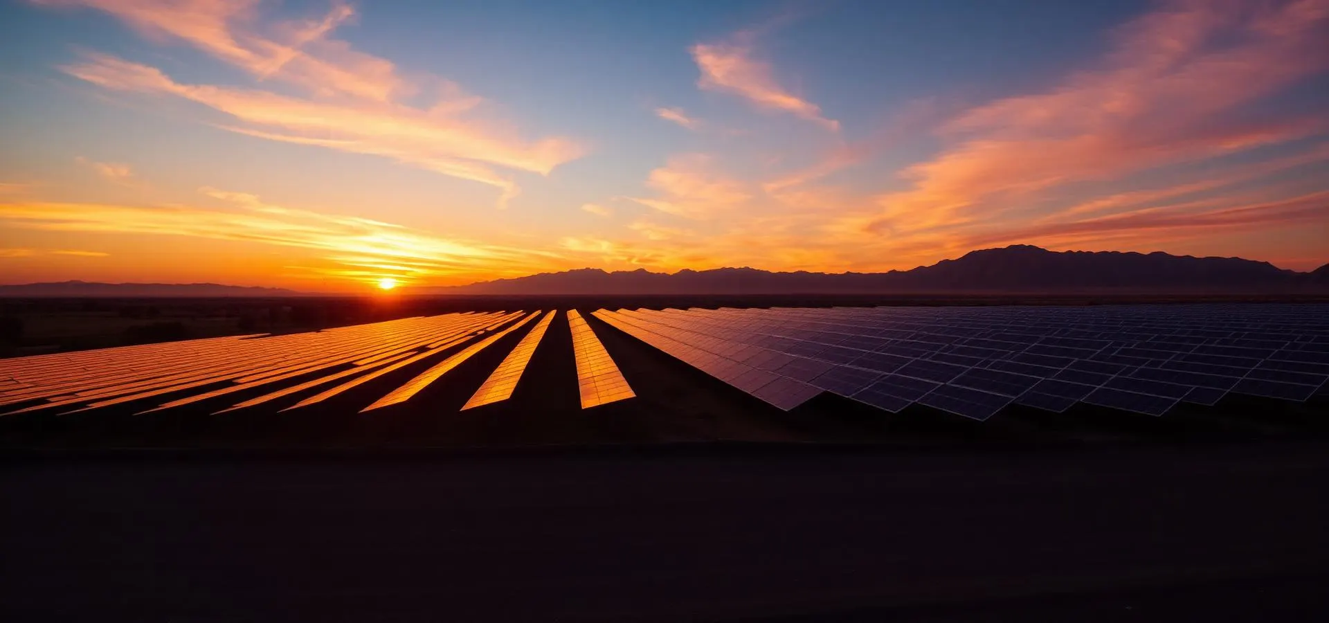 Solar farm at sunset with mountains