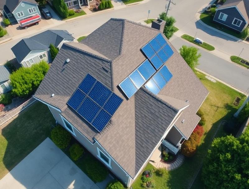 Aerial view of residential rooftop solar panel installation